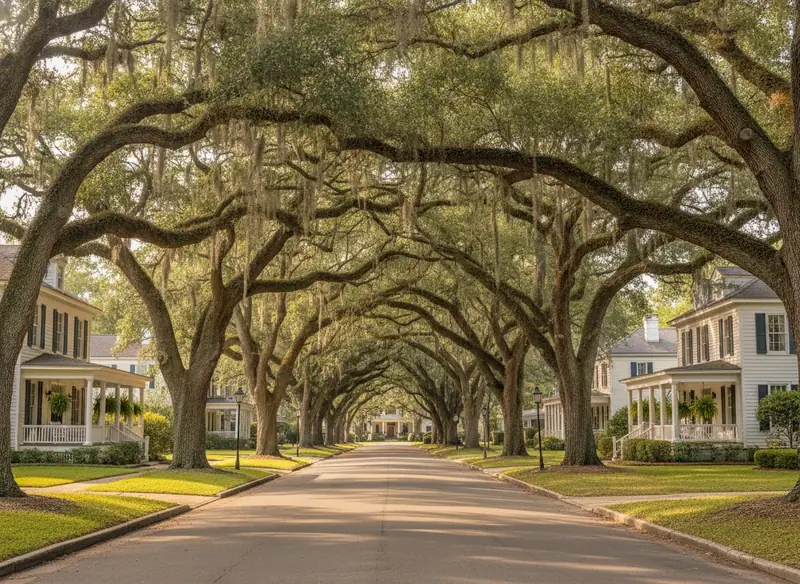 Residential street lined with moss-draped live oaks and green lawns
