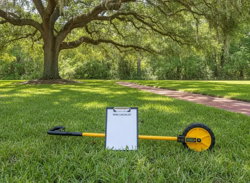 Clipboard and measuring wheel on a lawn, ready for a yard estimate