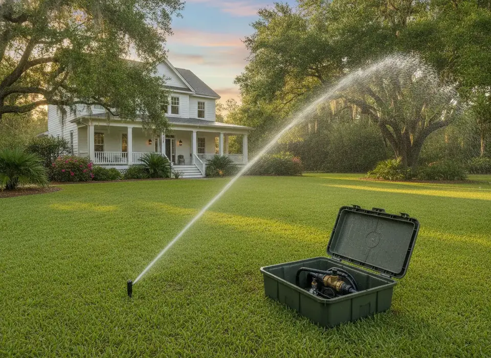 Sprinkler watering a lawn in early morning light