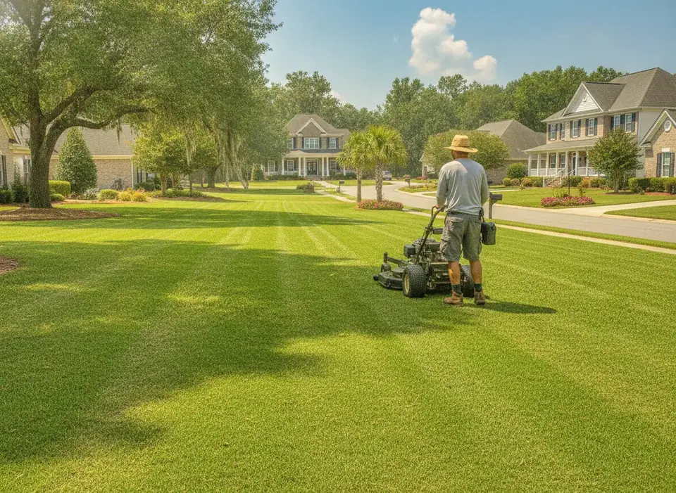 Worker seen from behind mowing a suburban lawn on a sunny day