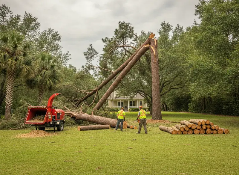Storm-damaged pine cut into sections in a backyard with a chipper nearby
