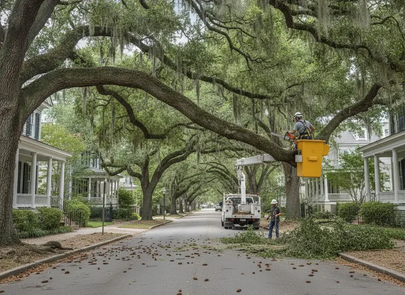 Worker in a bucket lift pruning a live oak over a residential street